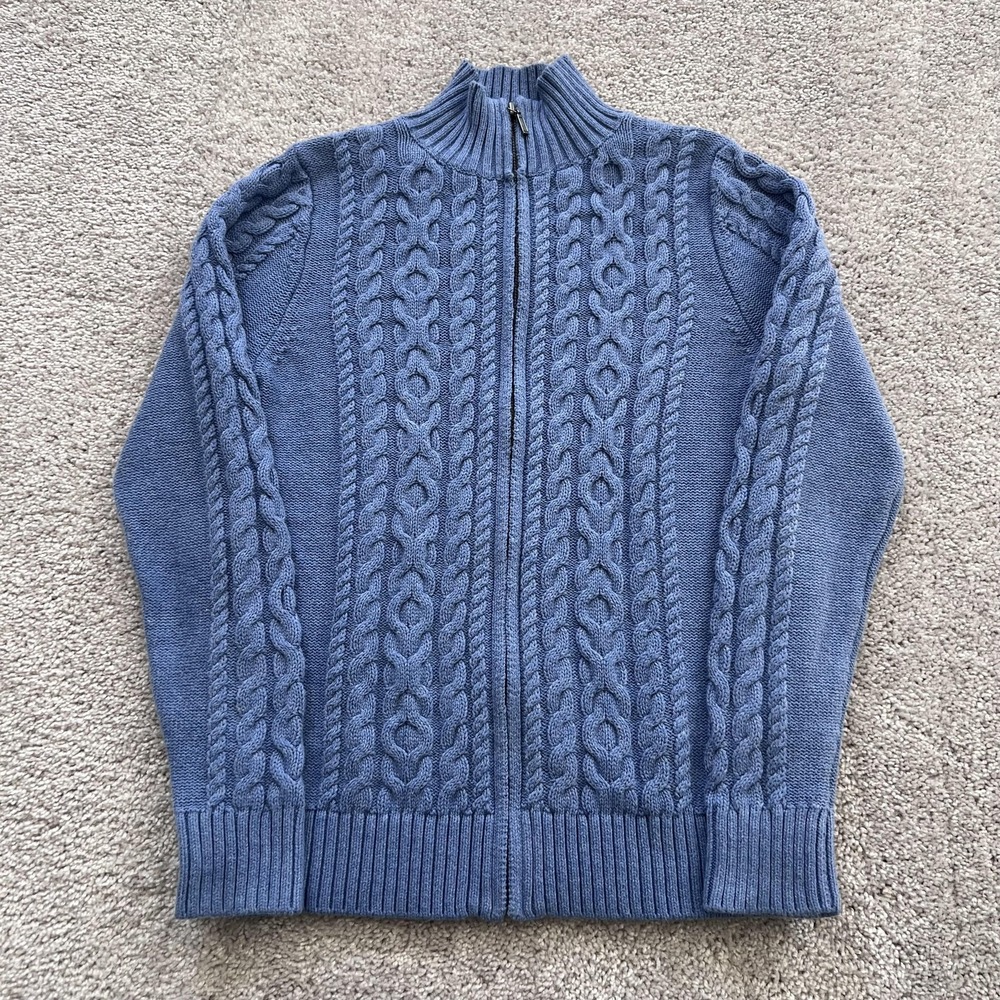 L.L.Bean Cable Knit Full Zip Sweater Womens Small Blue‎ Cotton Mock Neck Raglan